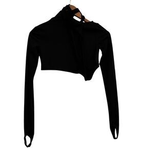 Hyein Seo Black Long Sleeve Stretch Women's Crop Wrap Tie Top Thumbholes size 2